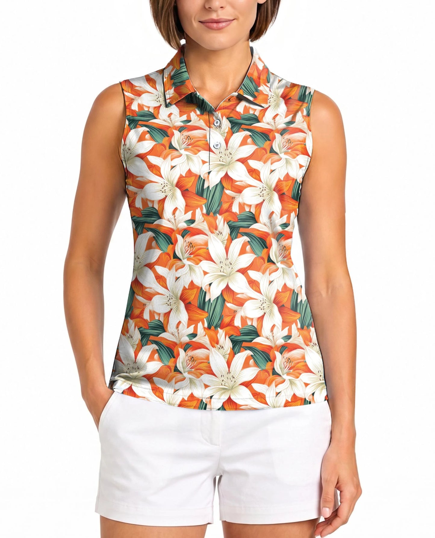 Orange Lily Print Sleeveless Polo Shirt for Women – Elegant Floral Style | Netecom