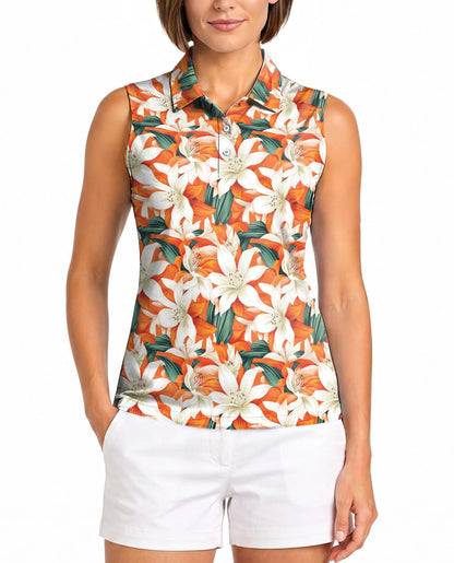 Orange Lily Print Sleeveless Polo Shirt for Women – Elegant Floral Style | Netecom