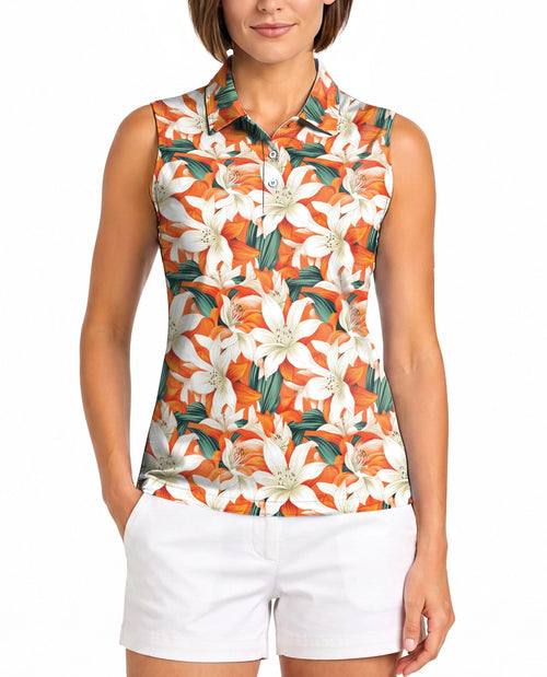 Orange Lily Print Sleeveless Polo Shirt for Women – Elegant Floral Style | Netecom
