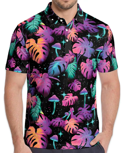 Neon Tropical Leaves Polo Shirt - Psychedelic Mushroom Style | Netecom