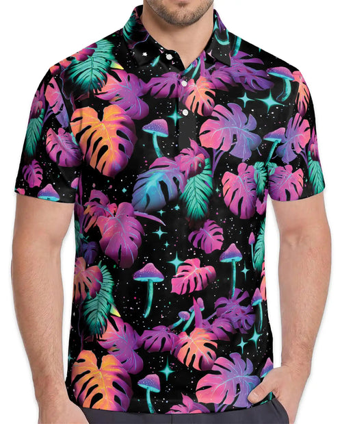 Neon Tropical Leaves Polo Shirt - Psychedelic Mushroom Style | Netecom