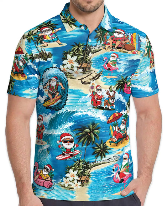 Surfing Santa 3D Polo Shirt for Men – Tropical Christmas Beach Style | Netecom