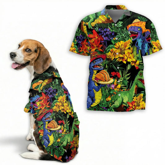 Fun Taco Dinosaur T Rex Flower Print Hawaii Dog and Owner Matching Button Shirts
