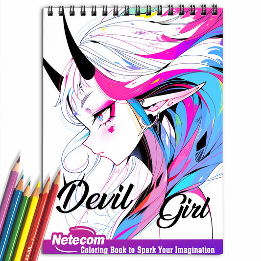 Devil Girl Spiral Bound Coloring Book, Dive into a World of Anime with 30 Mesmerizing Coloring Pages, featuring Devilish and Alluring Girls