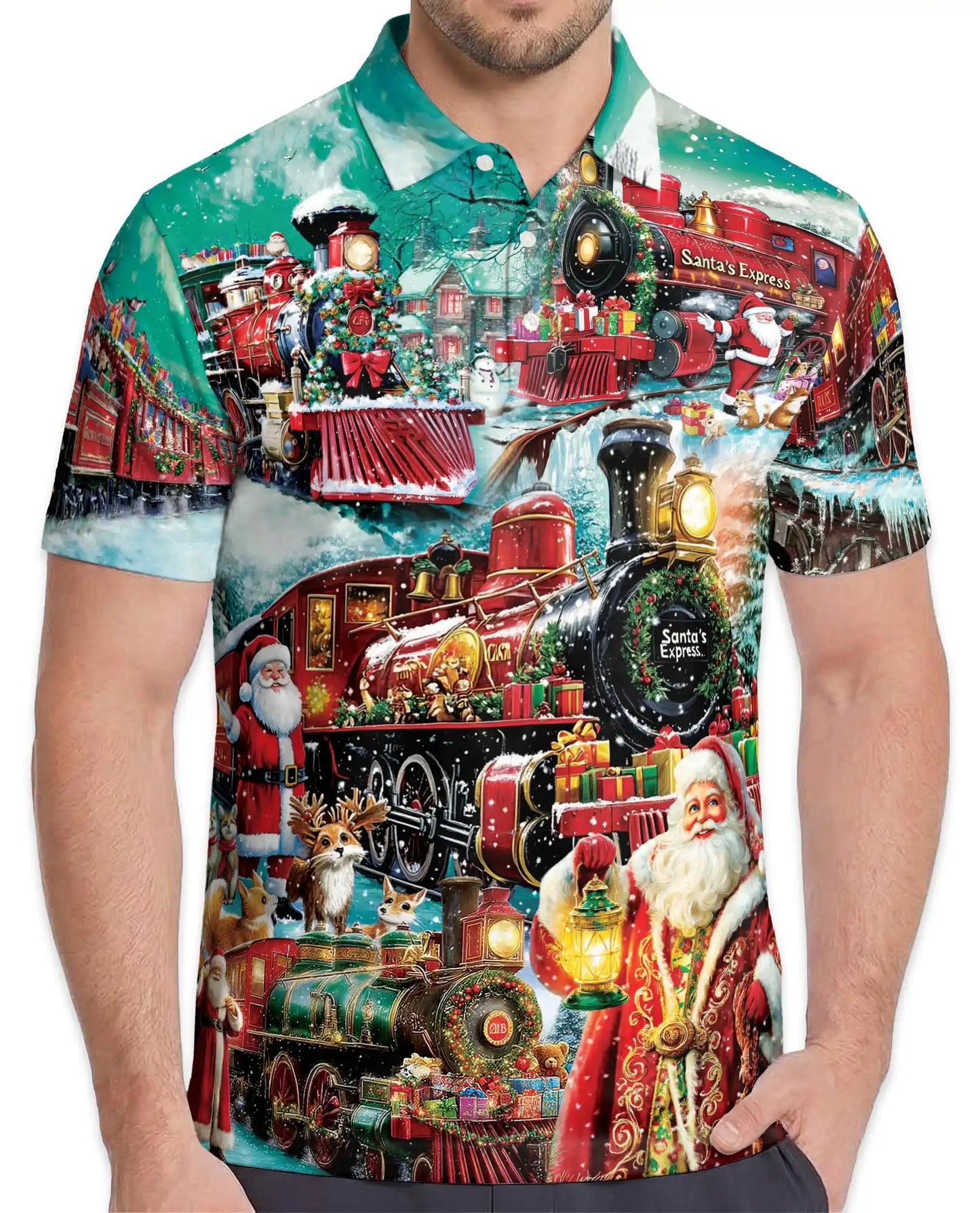 Santa Claus Express Polo Shirt for Men – Christmas Holiday Train | Netecom