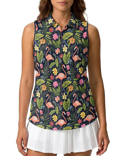 Flamingo Hibiscus Tropical Sleeveless Polo Shirt for Women | Netecom