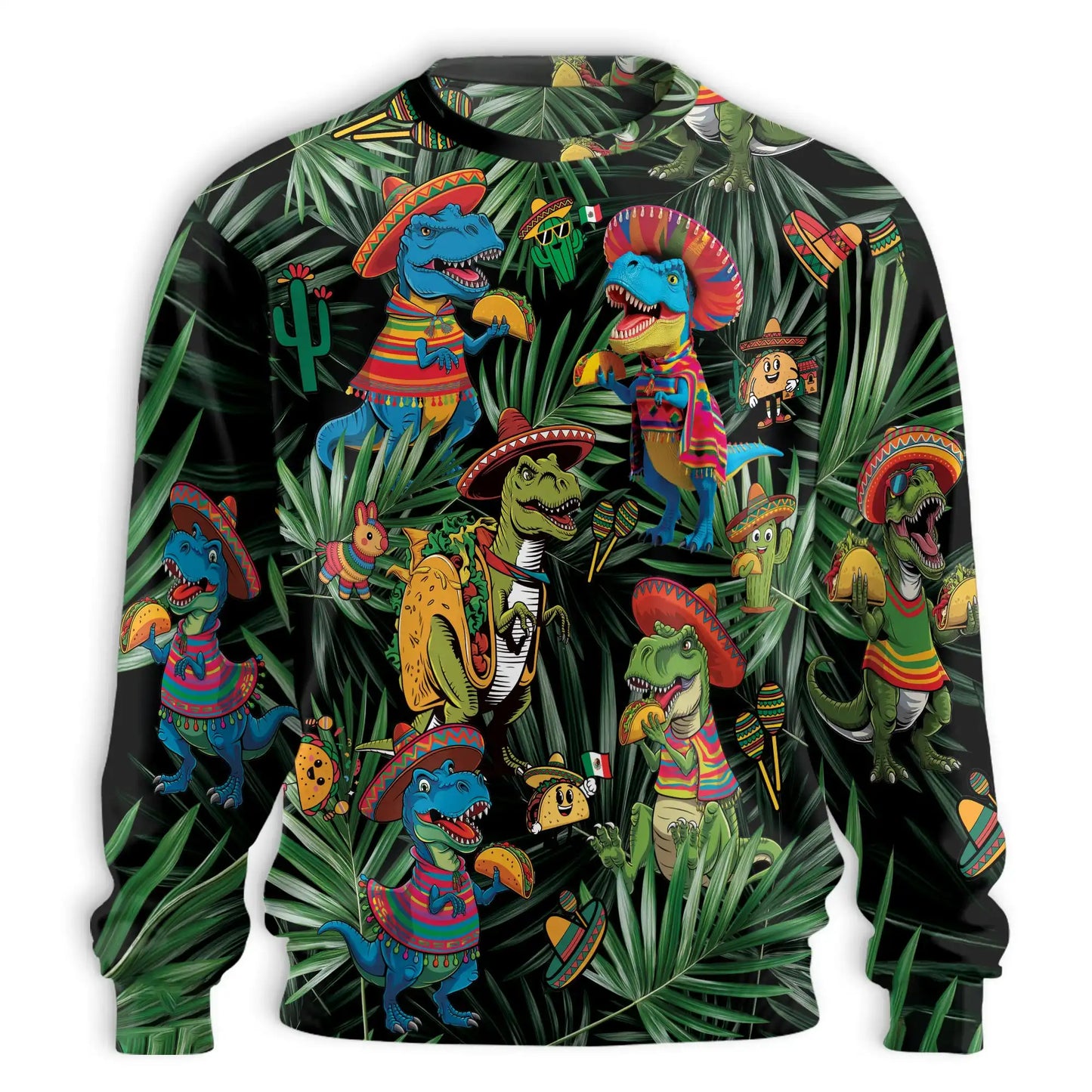 Dinosaur Sombrero Tropical Sweatshirt, 3D All Over Print Colorful Prehistoric Crewneck Pullover for Men Women, Dinosaur Lover Gift - Netecom
