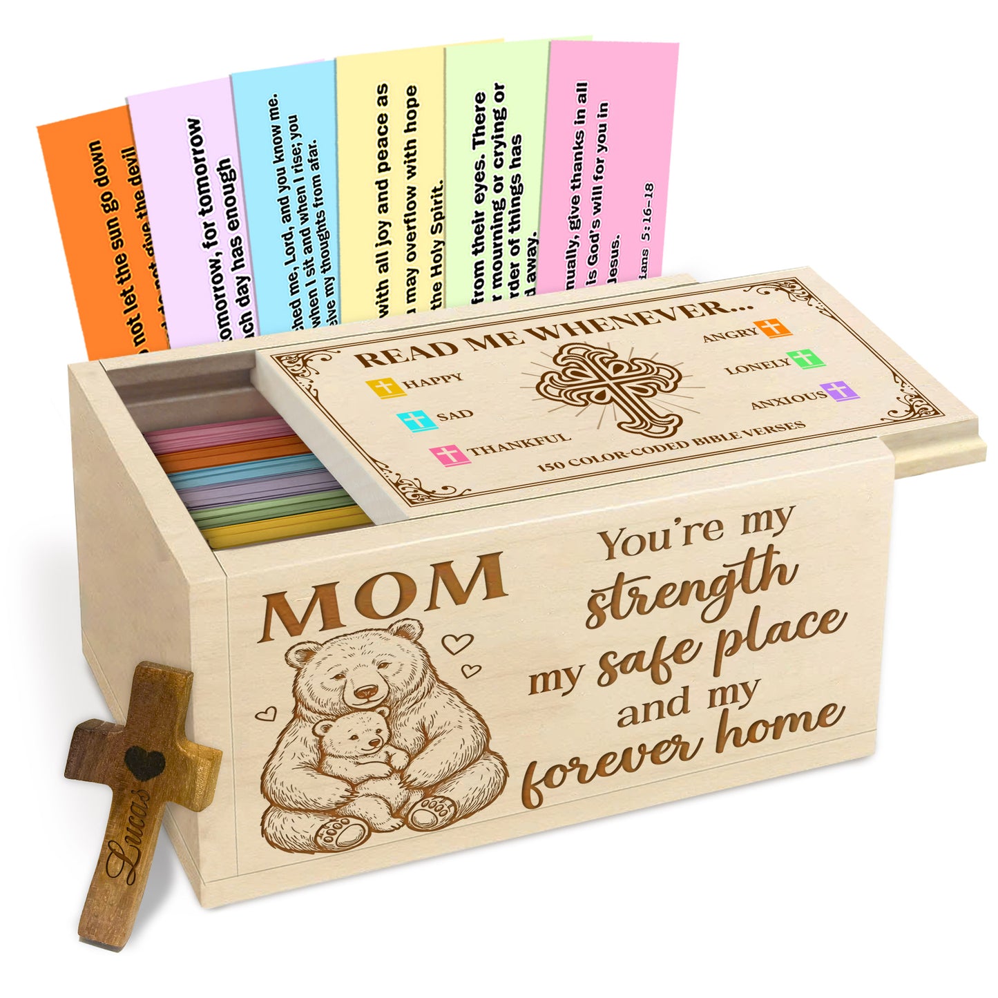 Netecom Personalized Bible Verse Box for Mom with 150 Color-Coded Scriptures – Custom Name Wooden Cross, Christian Faith Gift for Daily Prayer, Reflection & Inspiration