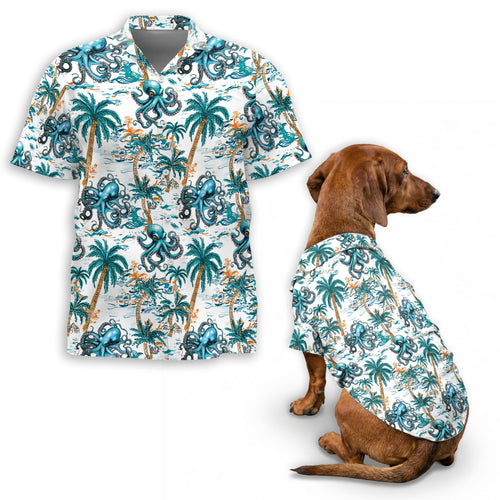 Netecom Octopus Hawaiian Shirt for Pet and Owner, Coordinated Aloha Summer Style for Dog and Human, Relaxed Beach Vacation Wear