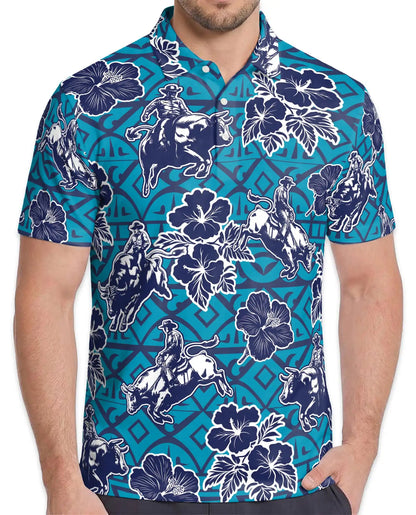 Western Rodeo Hibiscus Polo Shirt for Men- Cowboy Bull Riding | Netecom