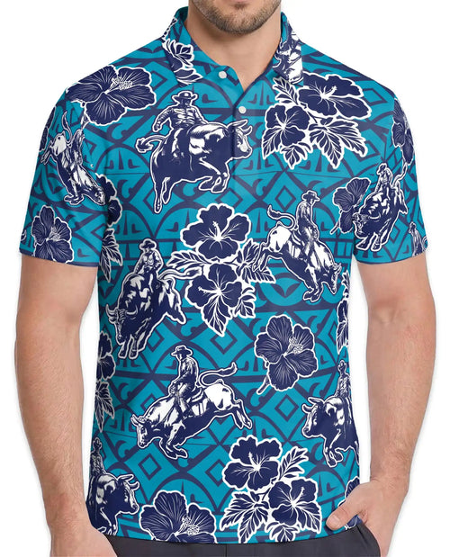 Western Rodeo Hibiscus Polo Shirt for Men- Cowboy Bull Riding | Netecom