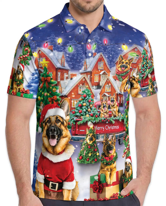 German Shepherd Christmas 3D Polo Shirt for Men – Festive Dog Lover Holiday Style | Netecom