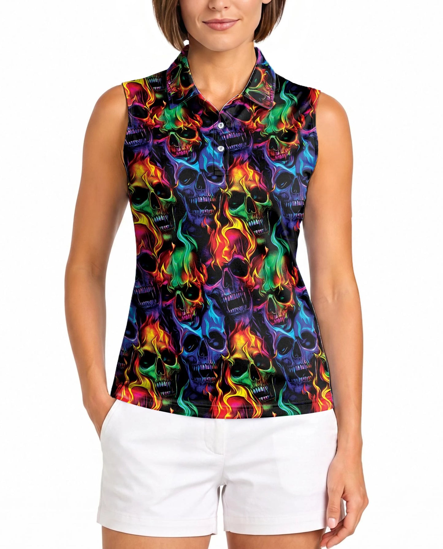 Flame Skull Sleeveless Polo Shirt for Women | Netecom