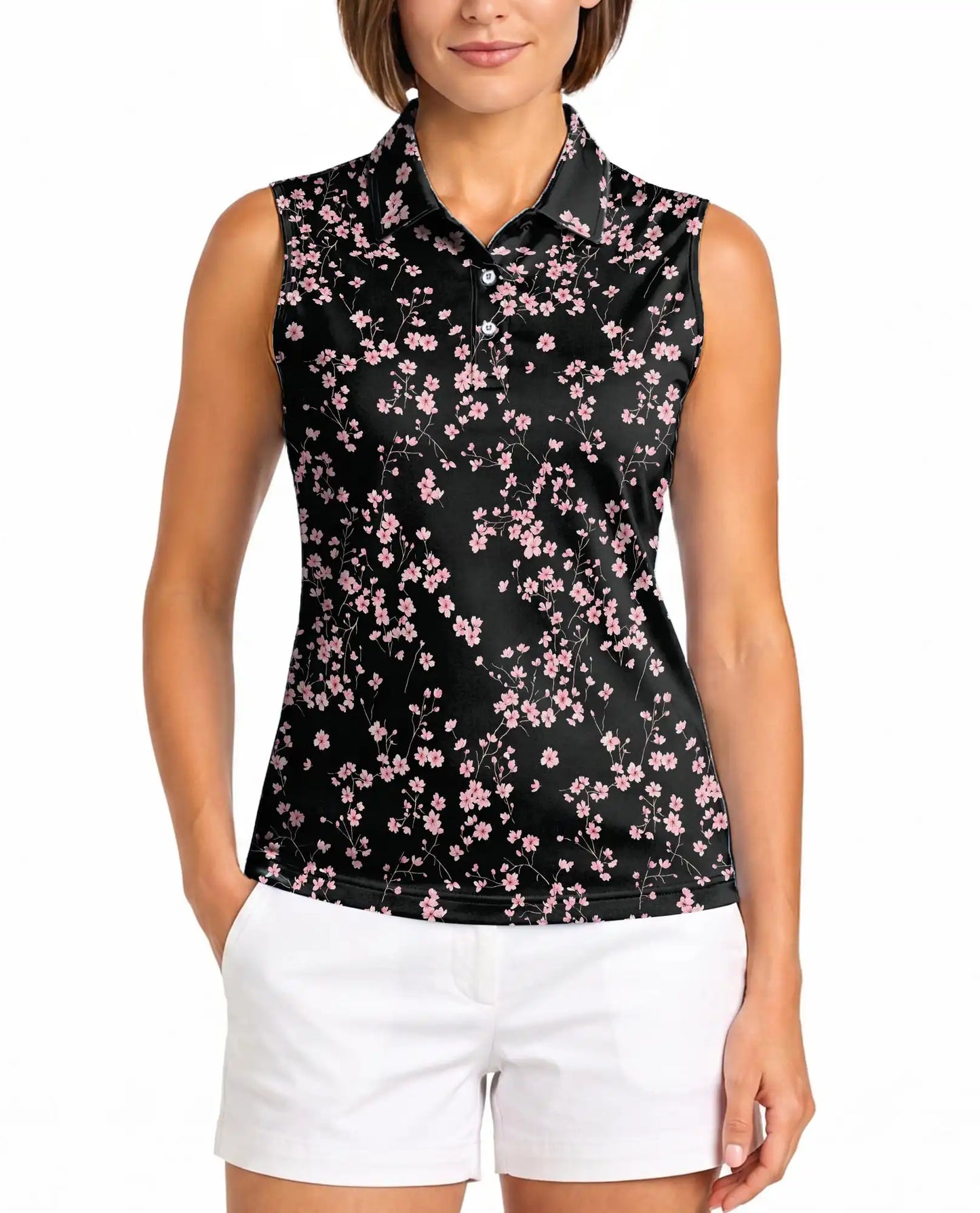Sakura Floral Graphic Sleeveless Polo Shirt for Women | Netecom