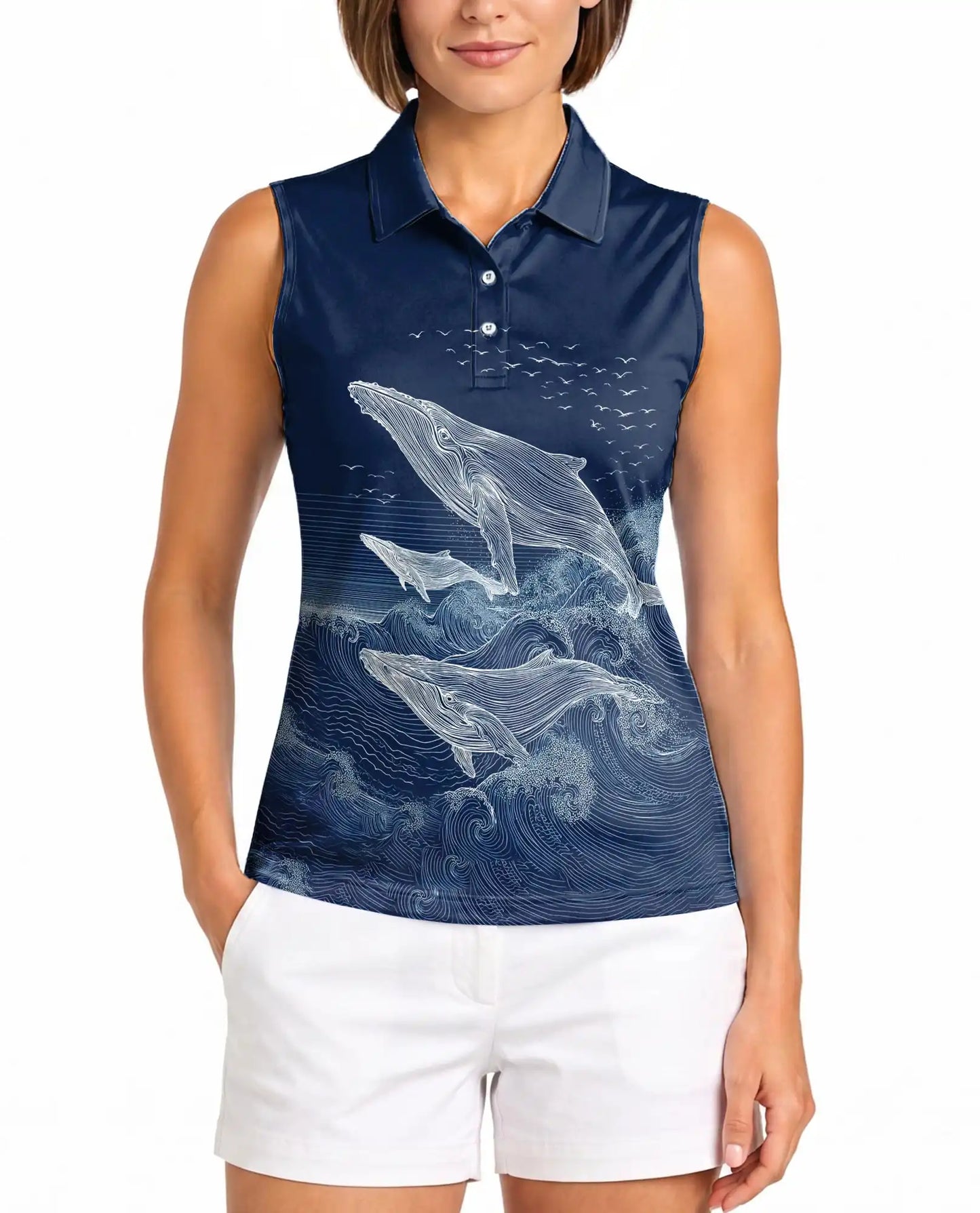 Humpback Whale Ocean Sleeveless Polo Shirt for Women| Netecom