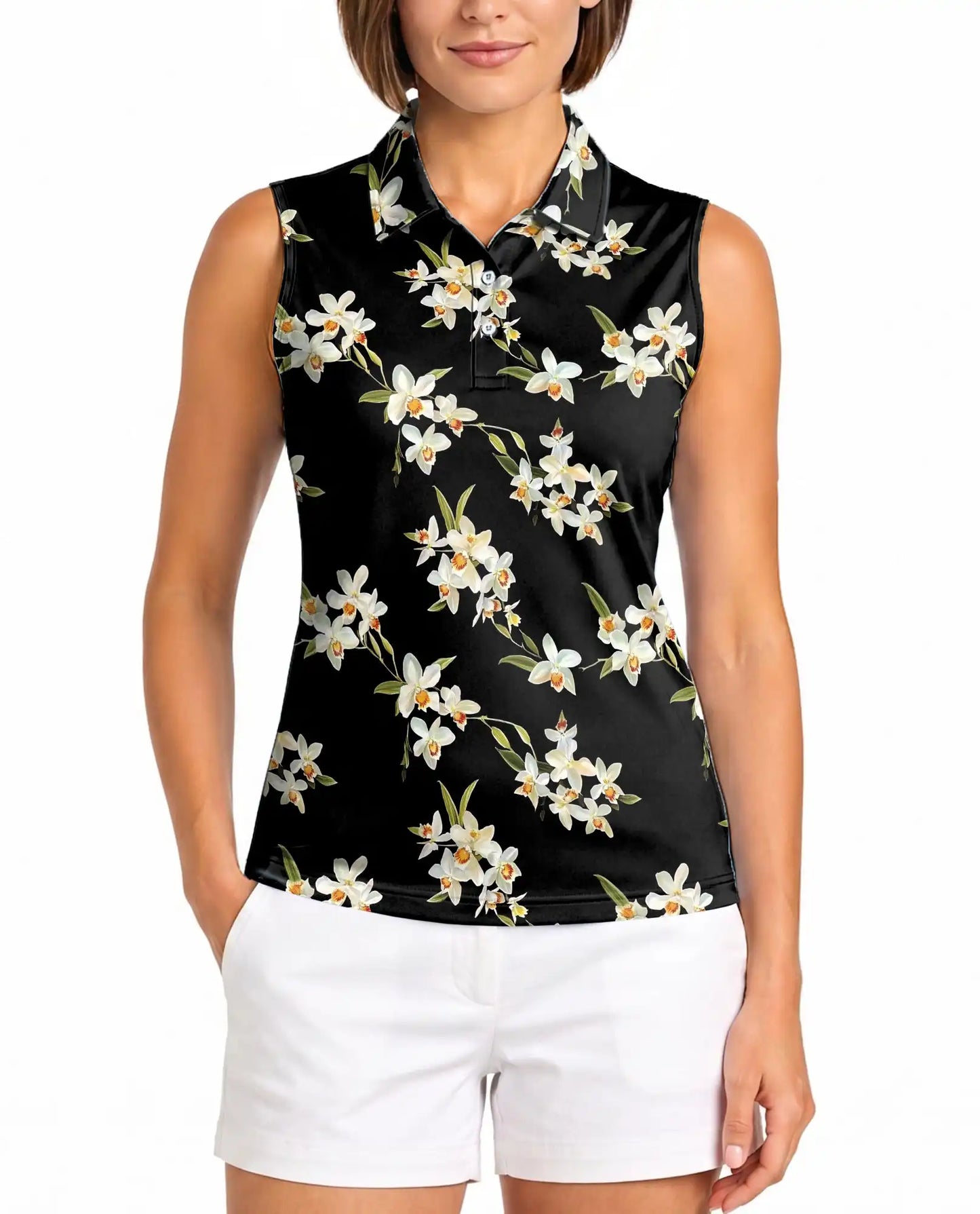 White Orchid Print Sleeveless Polo Shirt for Women – Elegant Floral Style | Netecom