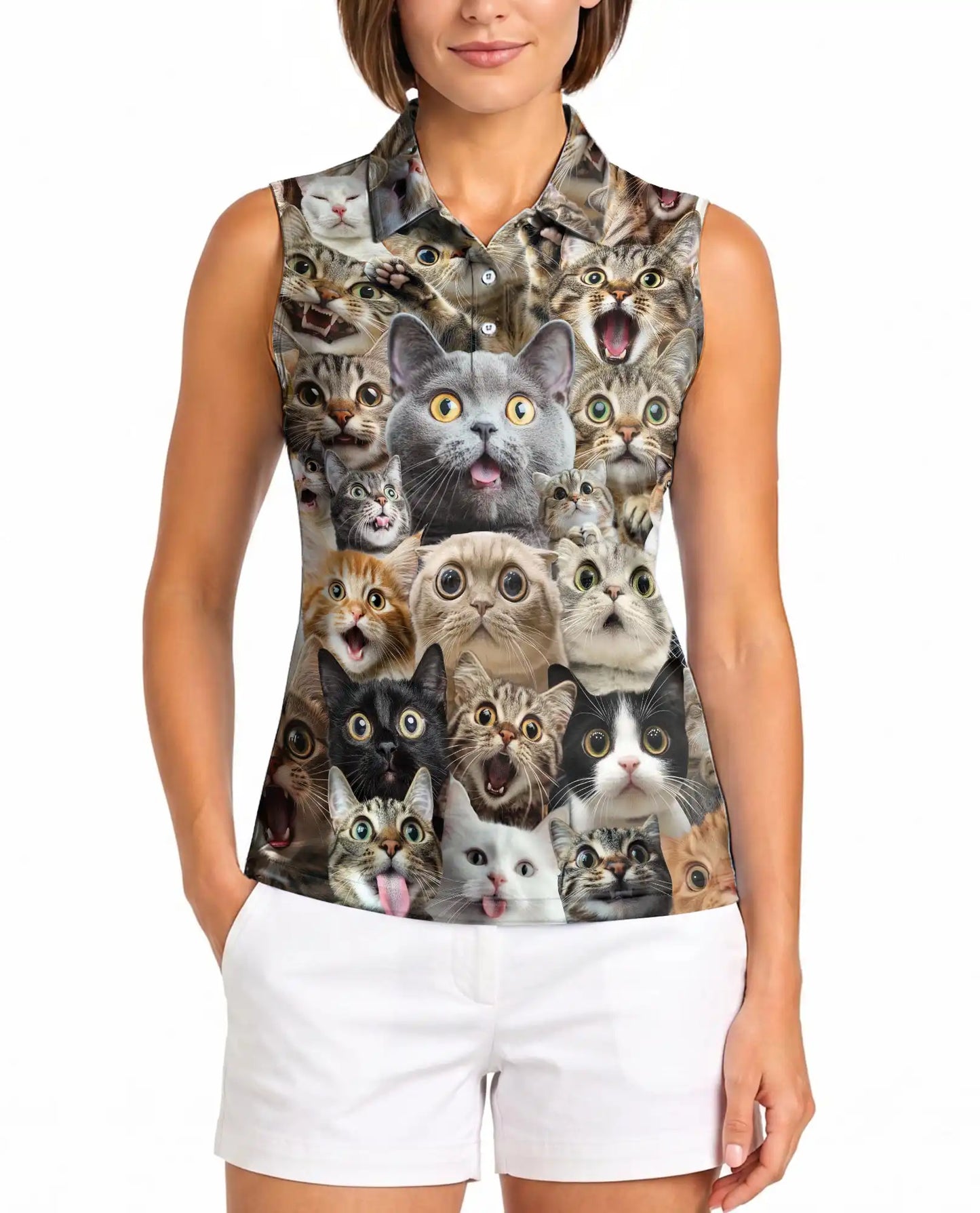 Cat Collage Sleeveless Polo Shirt for Women – Cute Feline Lover Style | Netecom