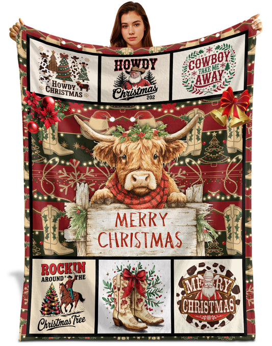 Netecom Vintage Christmas Cowboy Blanket, Western Highland Cow Throw Blanket for Couch, Bed or Sofa, Ultra Soft and Warm Gift for Country Christmas or Winter