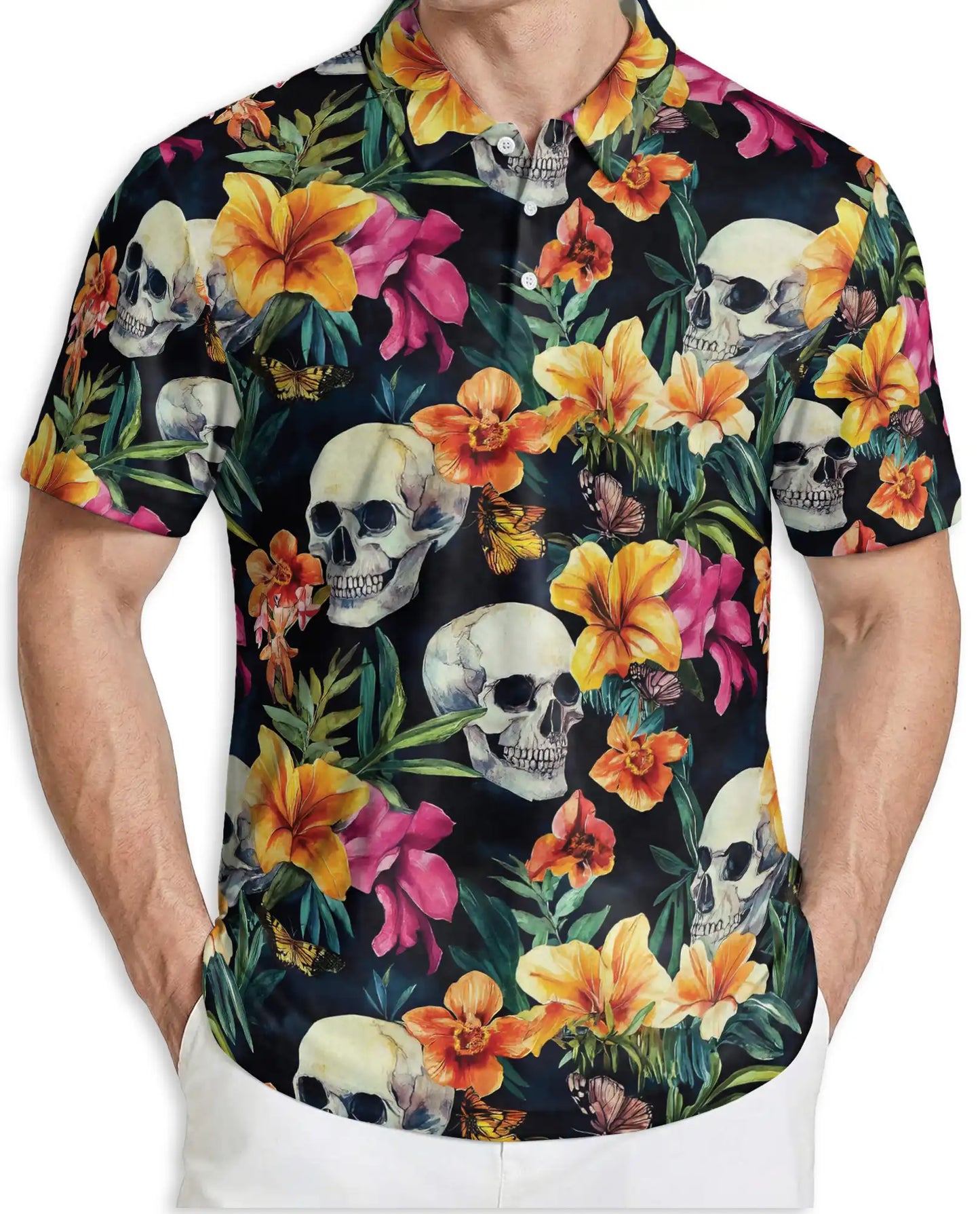 Tropical Skull Floral Polo Shirt -Gothic Botanical Print | Netecom