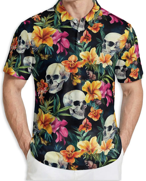 Tropical Skull Floral Polo Shirt -Gothic Botanical Print | Netecom