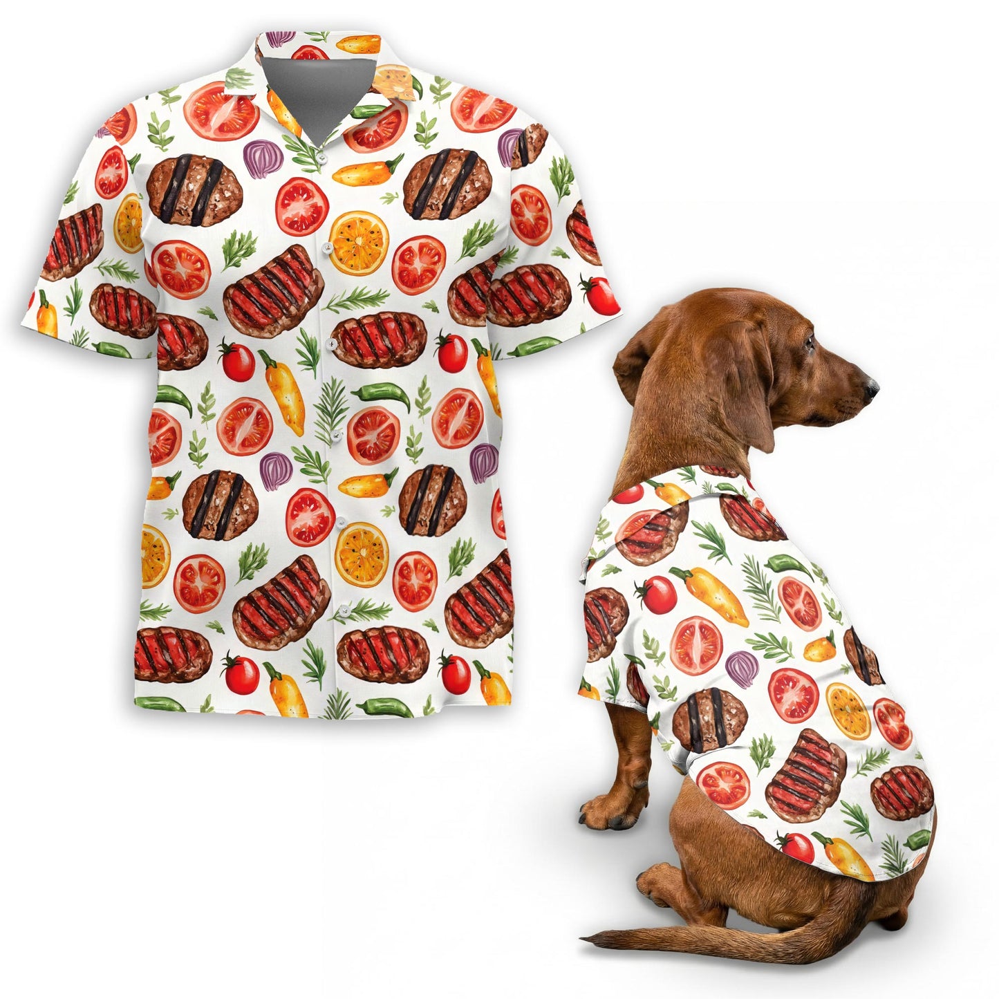 Netecom Matching BBQ Hawaiian Shirt for Dog and Owner, Aloha Summer Shirt, Barbecue Grill Print Outfit for Pet and Human, Beach Vacation Casual Wear
