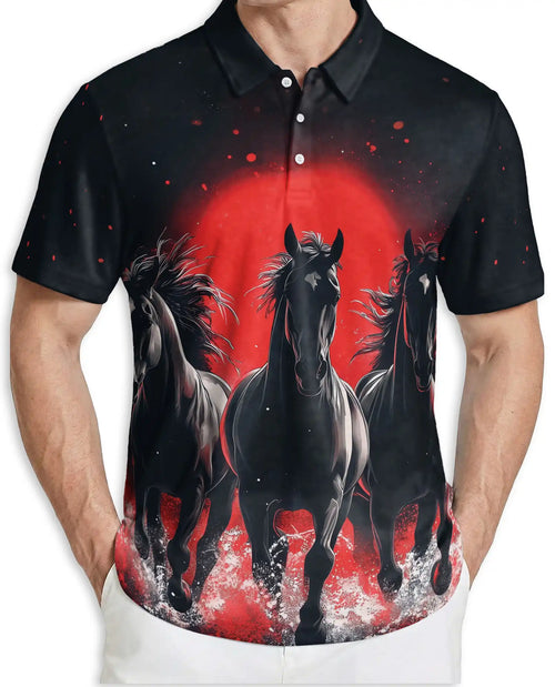 Black Running Horses Polo Shirt - Wild Stallion Midnight Style | Netecom