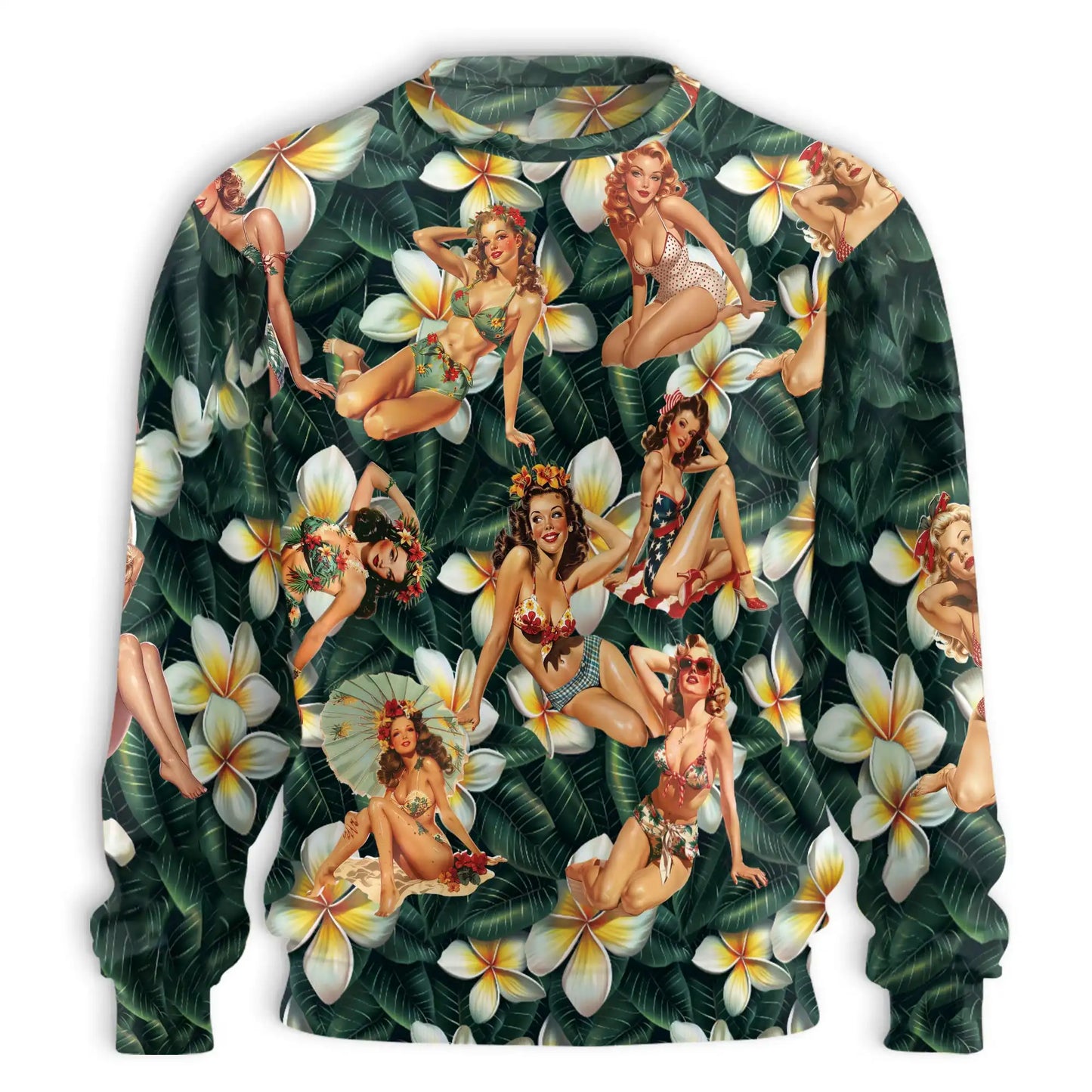 Retro Pin Up Girl Sweatshirt, 3D All Over Print Dark Green Tropical Crewneck Pullover for Men Women, Vintage Pin Up Gift - Netecom