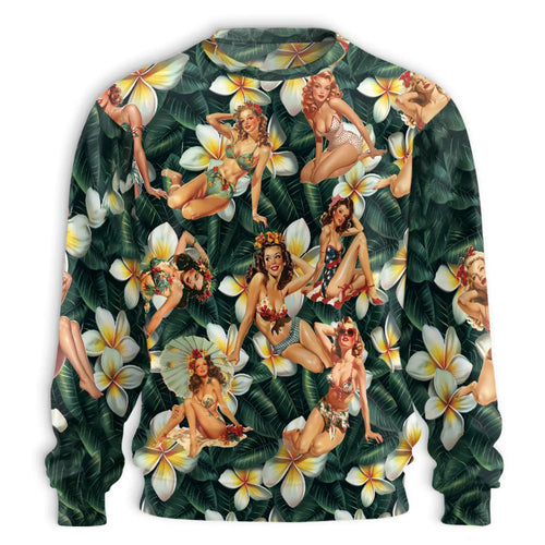 Retro Pin Up Girl Sweatshirt, 3D All Over Print Dark Green Tropical Crewneck Pullover for Men Women, Vintage Pin Up Gift - Netecom