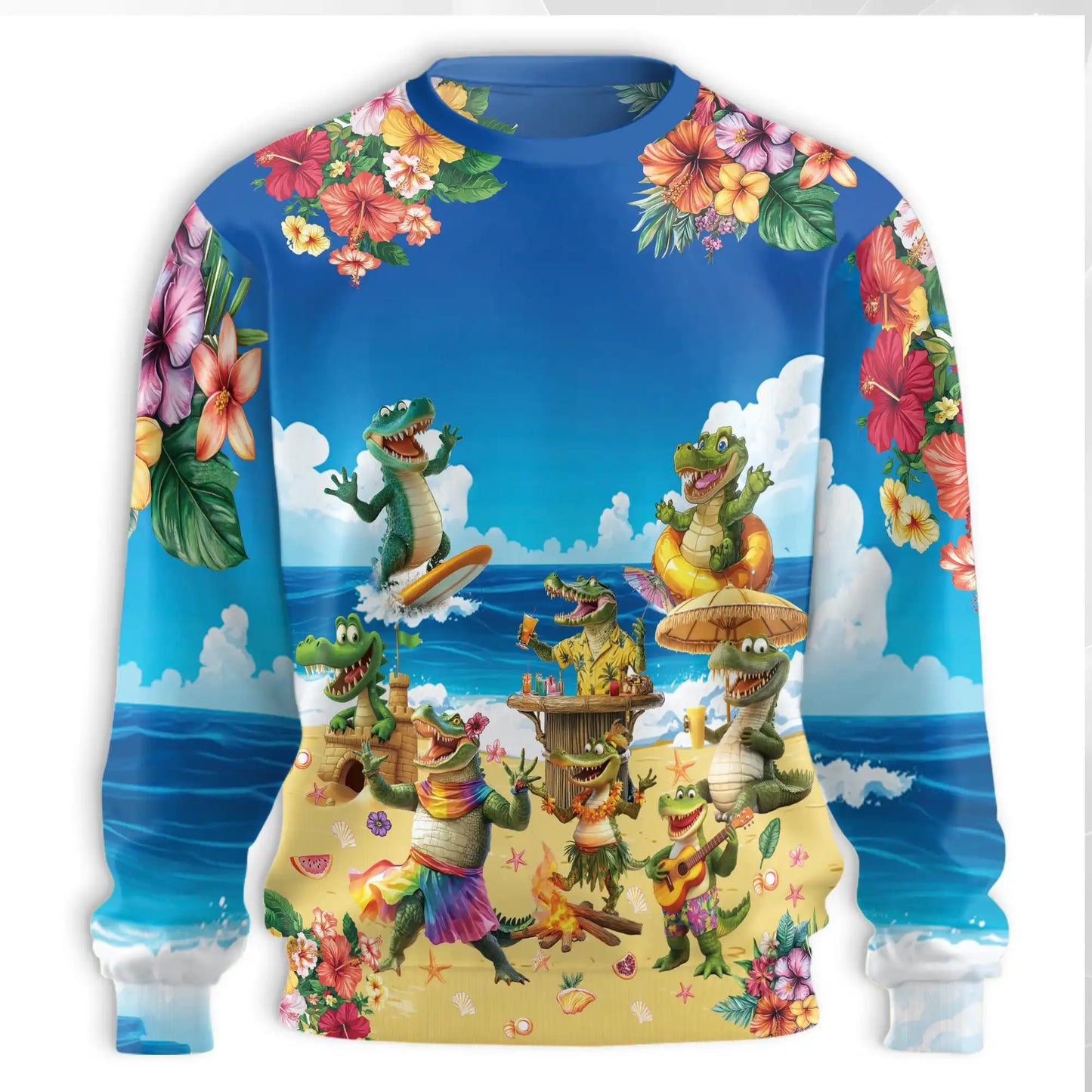Crocodile Alligator Beach Sweatshirt, 3D All Over Print Tropical Reptile Crewneck Pullover for Men Women, Beach Animal Lover Gift - Netecom