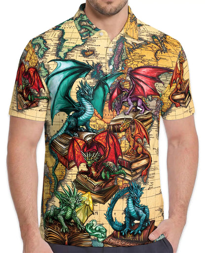 Dragon Library Polo Shirt - Fantasy Book Lover Style | Netecom