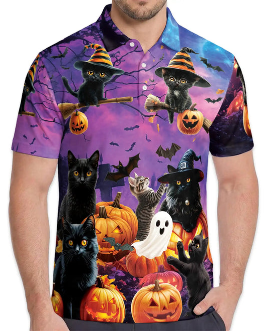 Halloween Black Cat Polo Shirt for Men – Spooky Cat Print | Netecom