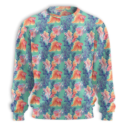 Golden Fish Pattern Sweatshirt, 3D All Over Print Tropical Ocean Crewneck Pullover for Men Women, Fish Lover Gift - Netecom