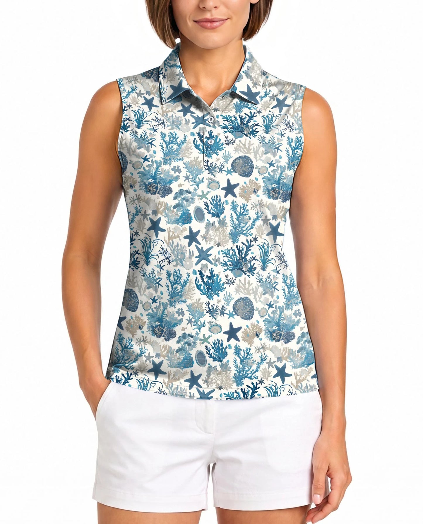 Sea Life Pattern Sleeveless Polo Shirt for Women | Netecom