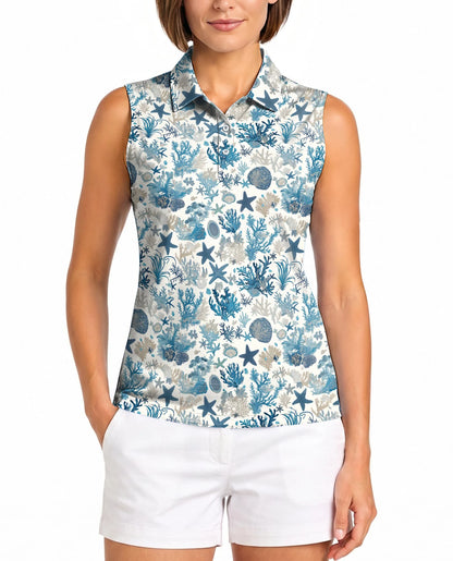 Sea Life Pattern Sleeveless Polo Shirt for Women | Netecom