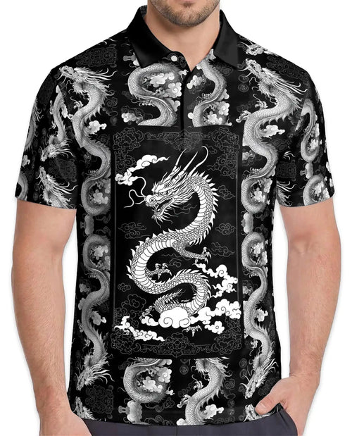 Black White Asian Dragon Polo Shirt for Men - Oriental Dragon Art | Netecom