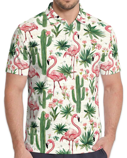 Pink Flamingo Cactus Polo Shirt - Tropical Desert Garden Style | Netecom