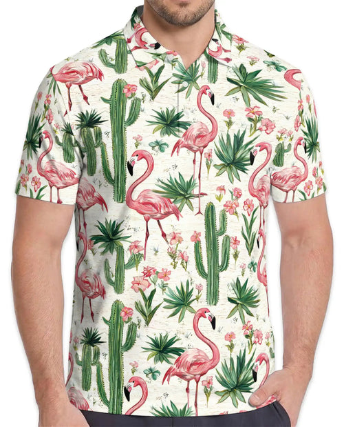 Pink Flamingo Cactus Polo Shirt - Tropical Desert Garden Style | Netecom