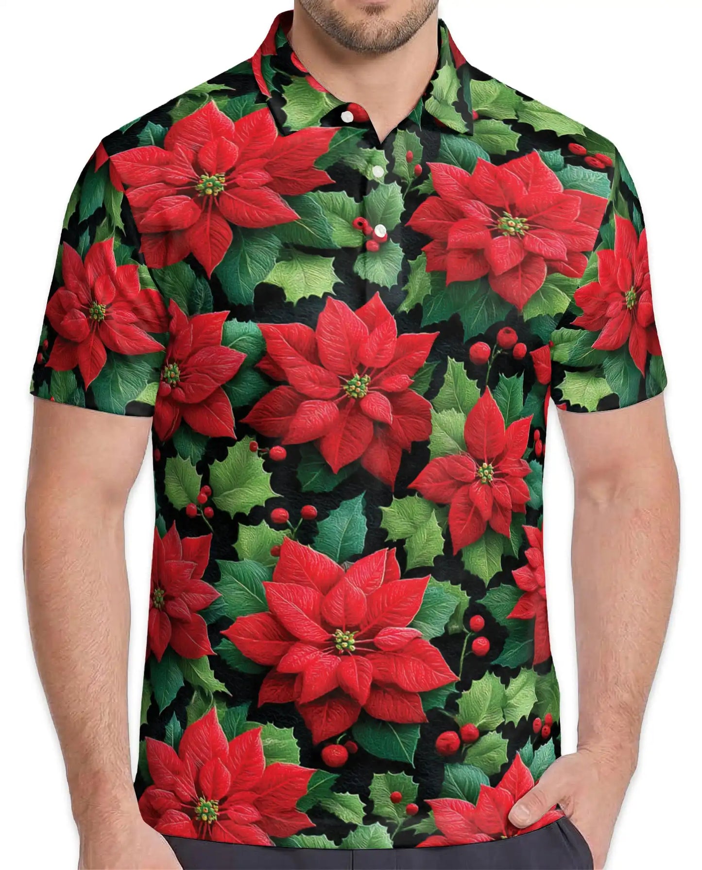 Poinsettia Christmas Polo Shirt - Holiday Floral Winter Botanical Design | Netecom