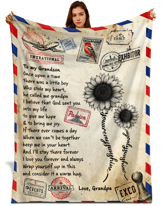 Netecom Personalized To My Grandson Blanket from Grandma and Grandpa, Vintage Airmail Letter Throw Blanket with Sunflower for Couch, Bed or Sofa, Heartfelt Gift for Grandson, Christmas or Birthday