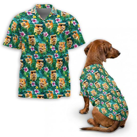 Netecom Matching Hamster Tropical Hawaiian Shirt for Dog and Owner, Cute Animal Aloha Summer Shirt, Button Down Vacation Outfit for Pet and Human, Beach Casual Wear