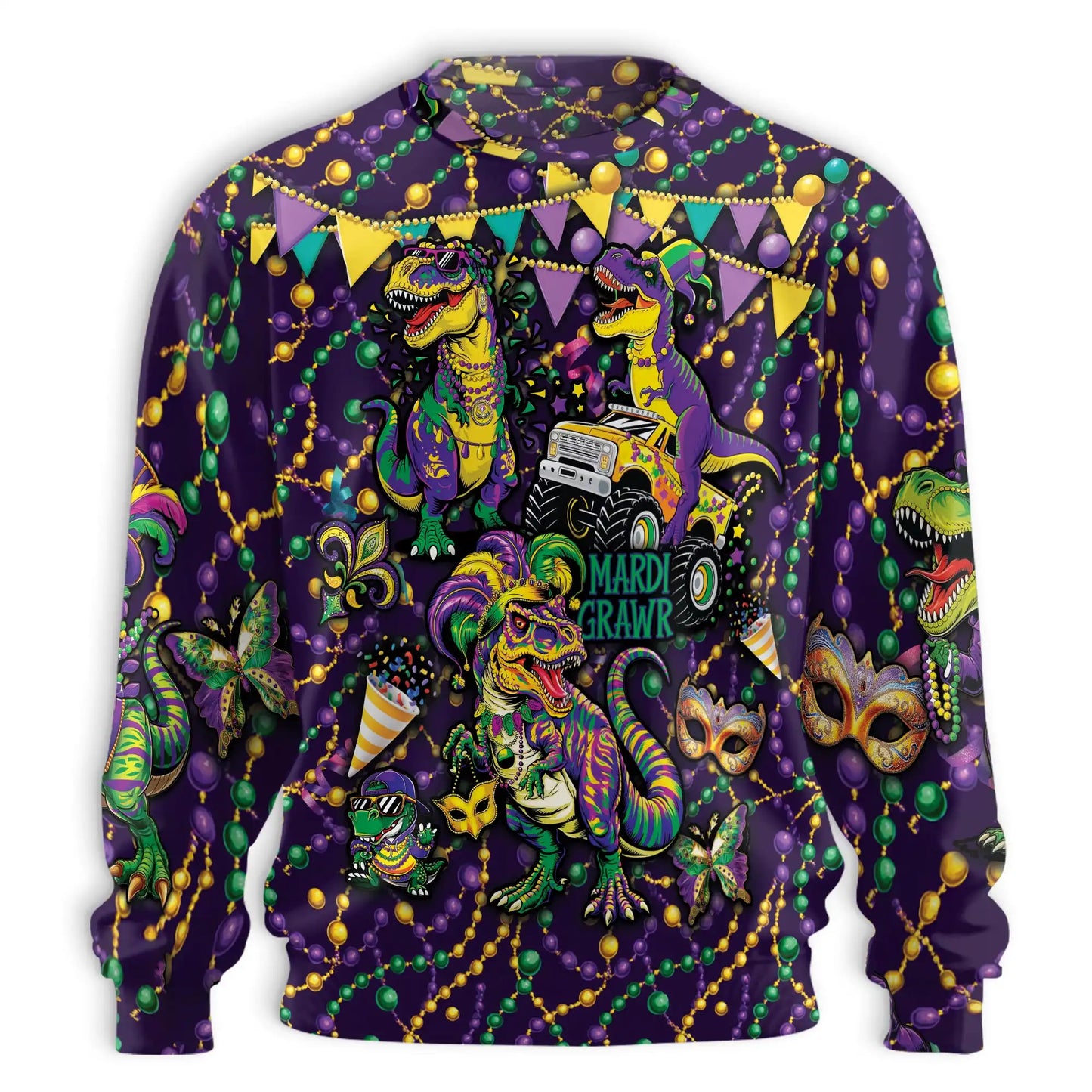 Mardi Grawr Dinosaur Sweatshirt, 3D All Over Print Mardi Gras Dino Crewneck Pullover for Men Women, Dinosaur Lover Gift - Netecom