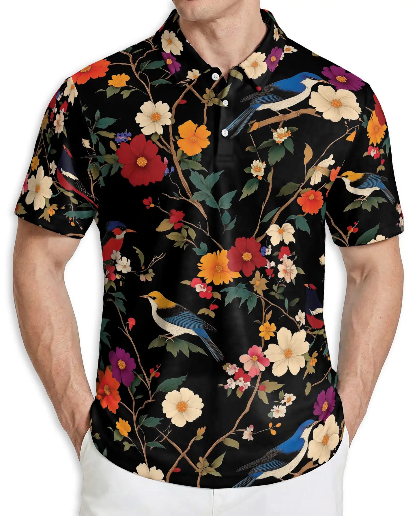 Bird Floral Polo Shirt – Vintage Nature Style | Netecom