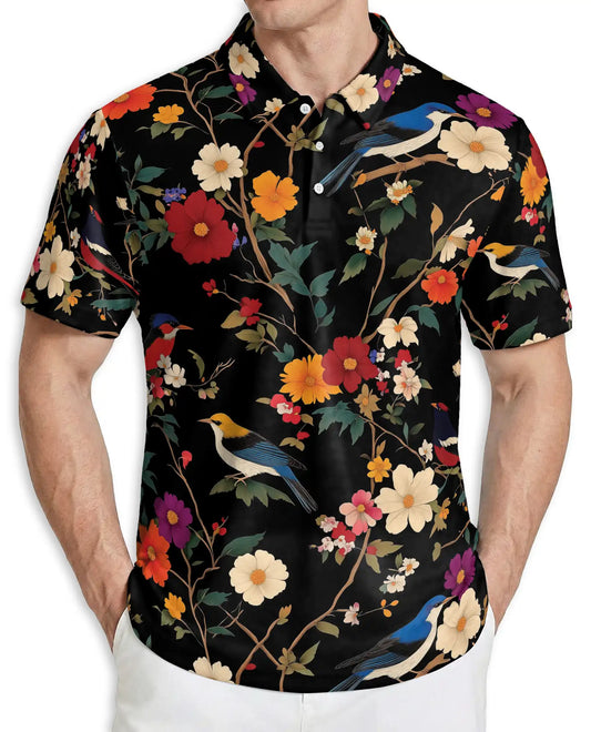 Bird Floral Polo Shirt – Vintage Nature Style | Netecom