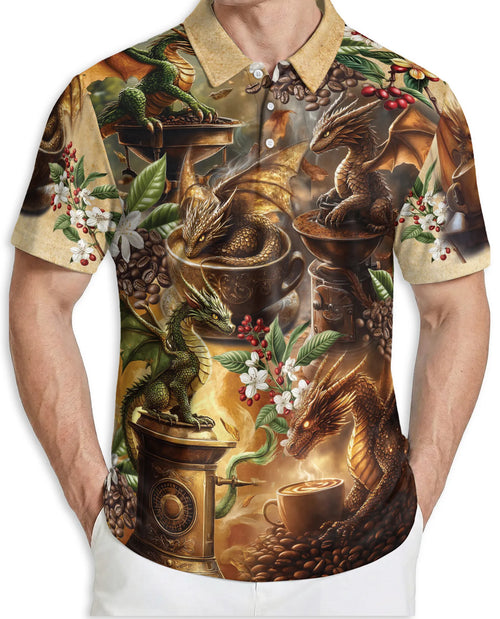 Dragon Coffee 3D Polo Shirt for Men – Fantasy Espresso Art Style | Netecom