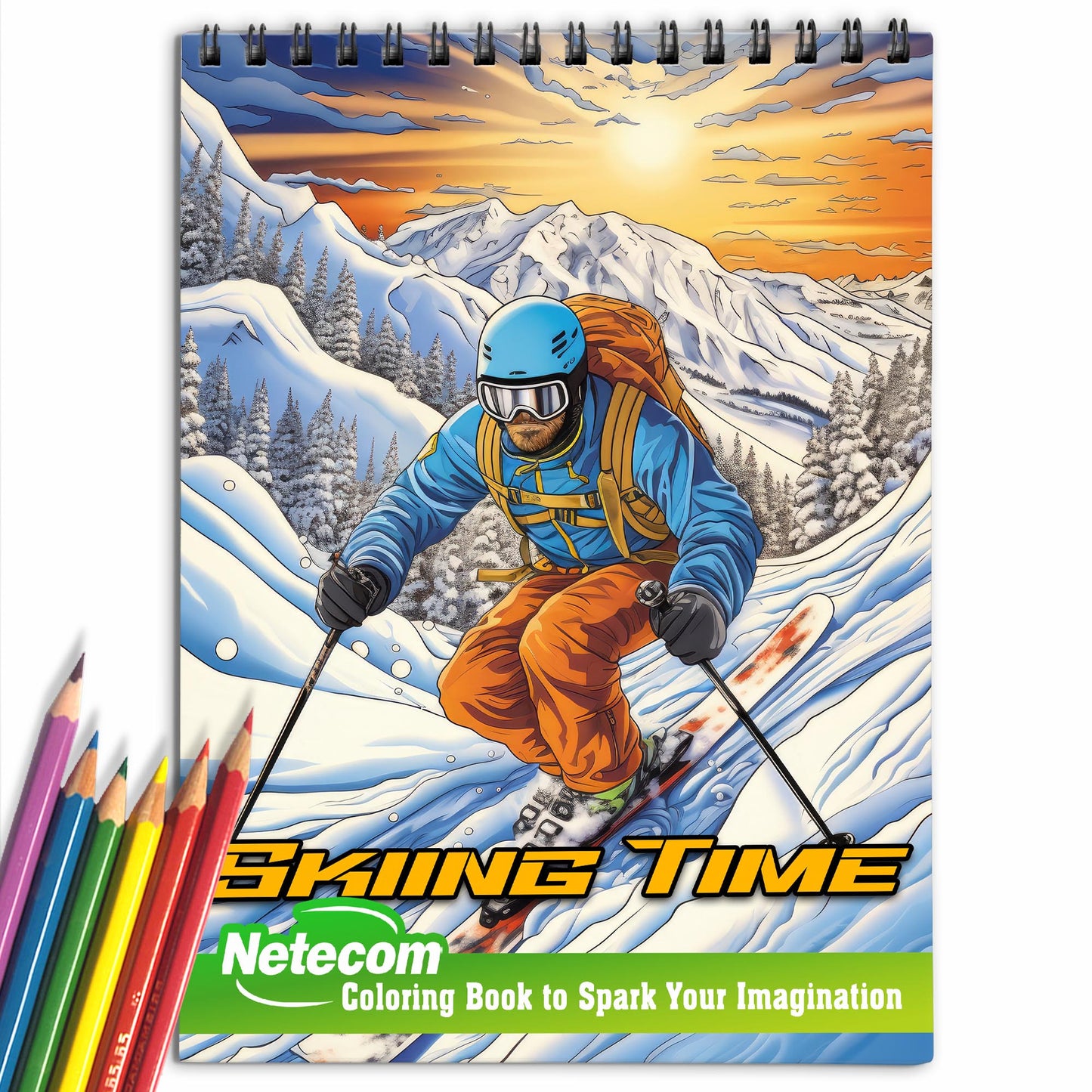 Skiing Time Spiral Bound Coloring Book, Unleash Your Creativity with 30 Whimsical Coloring Pages of Skiing Fun