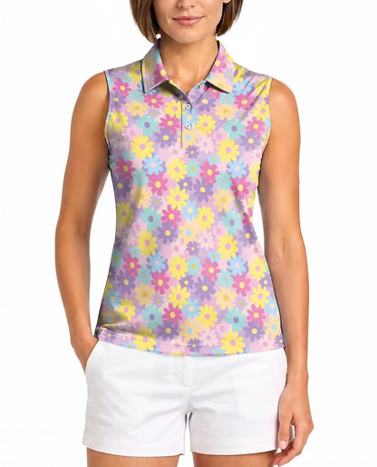Groovy Flower Pattern Sleeveless Polo Shirt for Women | Netecom