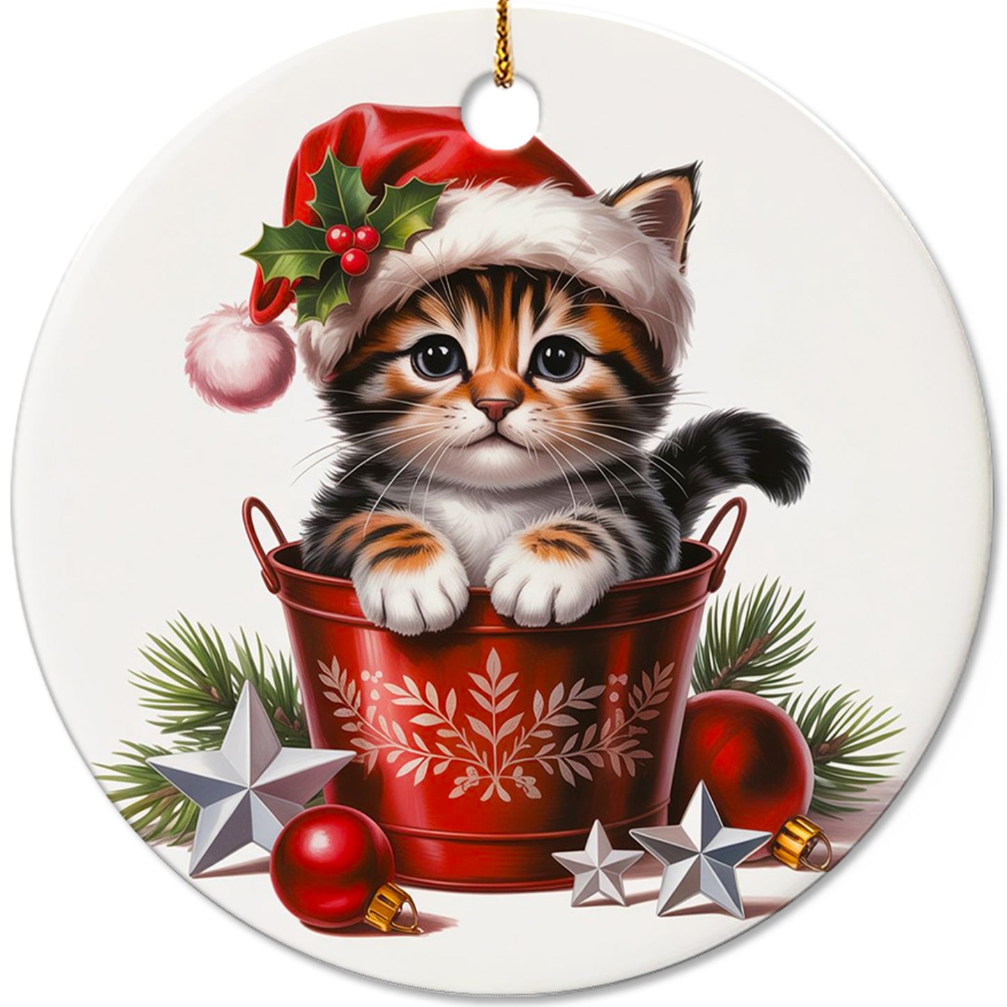 Netecom Cute Cat in Bucket Ornament, Cat with Santa Hat Ceramic Ornament for Christmas Tree Hanging Decorations Gift, Pet Lover Gifts, Home Decor, Holiday Party Present
