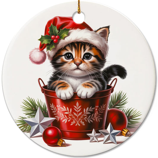 Netecom Cute Cat in Bucket Ornament, Cat with Santa Hat Ceramic Ornament for Christmas Tree Hanging Decorations Gift, Pet Lover Gifts, Home Decor, Holiday Party Present