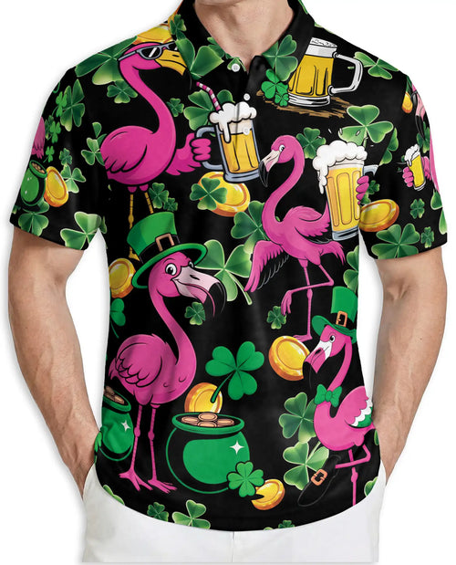 Funny Flamingo St Patrick 3D Polo Shirt for Men – Irish Beer Party Style | Netecom