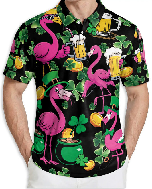 Funny Flamingo St Patrick 3D Polo Shirt for Men – Irish Beer Party Style | Netecom